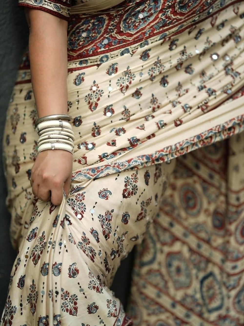 Ajrakh Print Japan Satin Saree with Mirror Work & Latkan - Picture 8 of 17